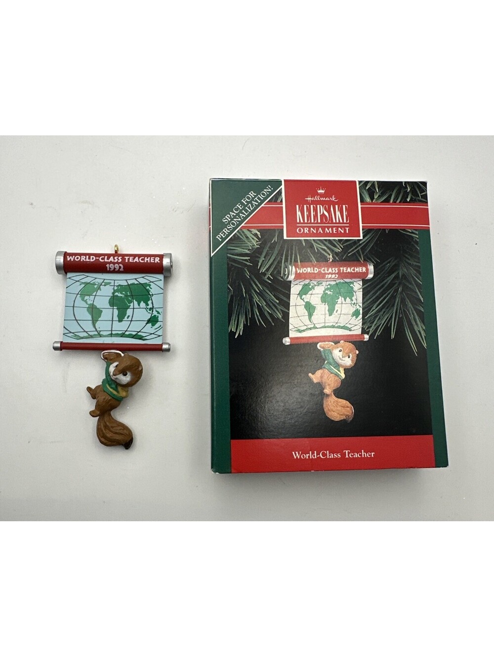 1992 Hallmark WORLD CLASS TEACHER Christmas Keepsake Ornament Squirrel with Map